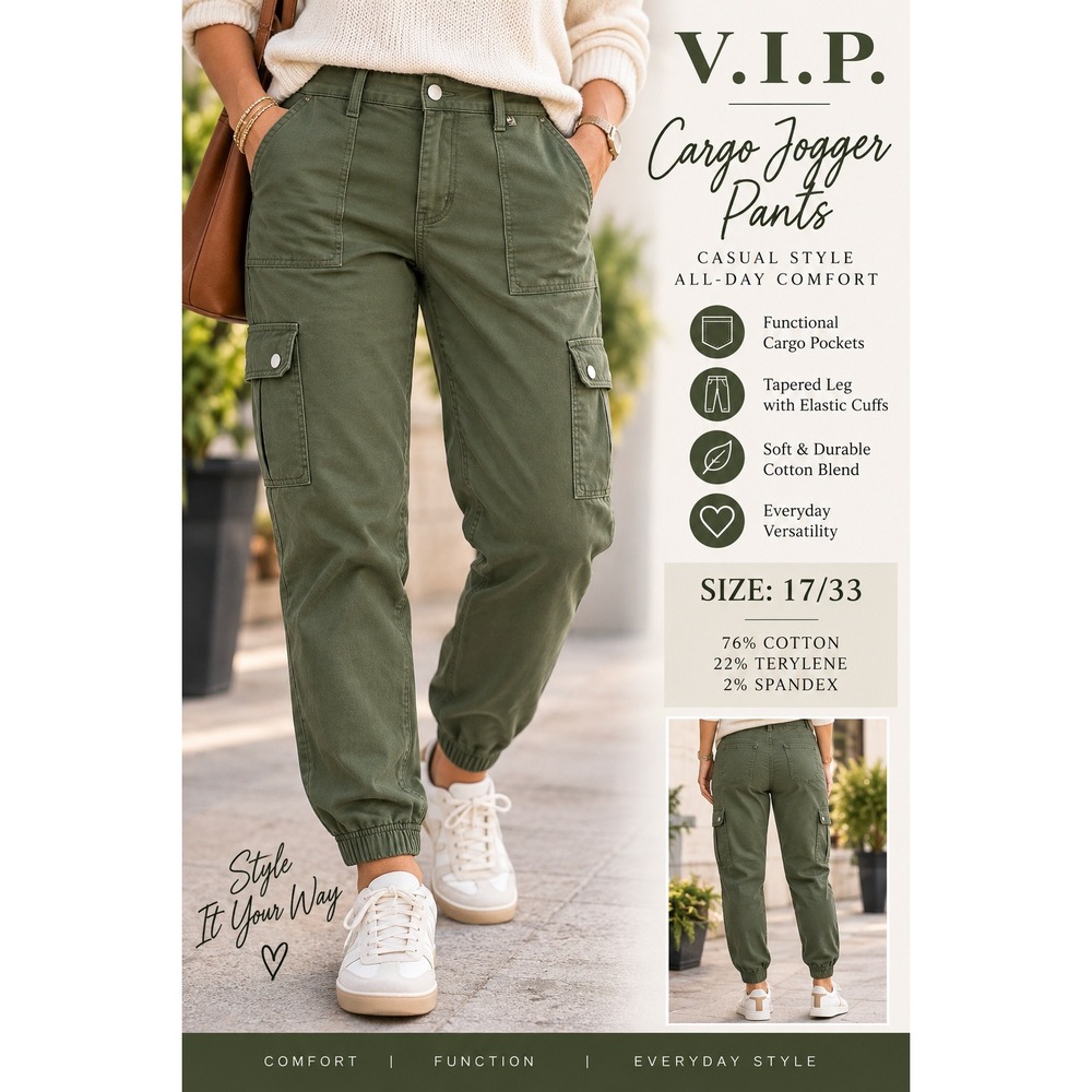 VIP Cargo Jogger Pants Womens 17/33 Olive Green Tapered Leg Elastic Cuff 902400L